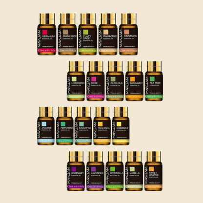 Pack de 20 aceites esenciales naturales MAYJAM para aromaterapia y bienestar personal.