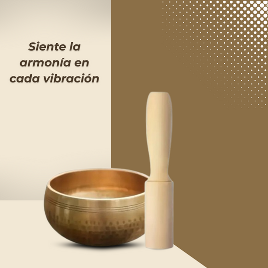 Cuenco tibetano para meditación con baqueta de madera, ideal para armonizar cuerpo y mente.