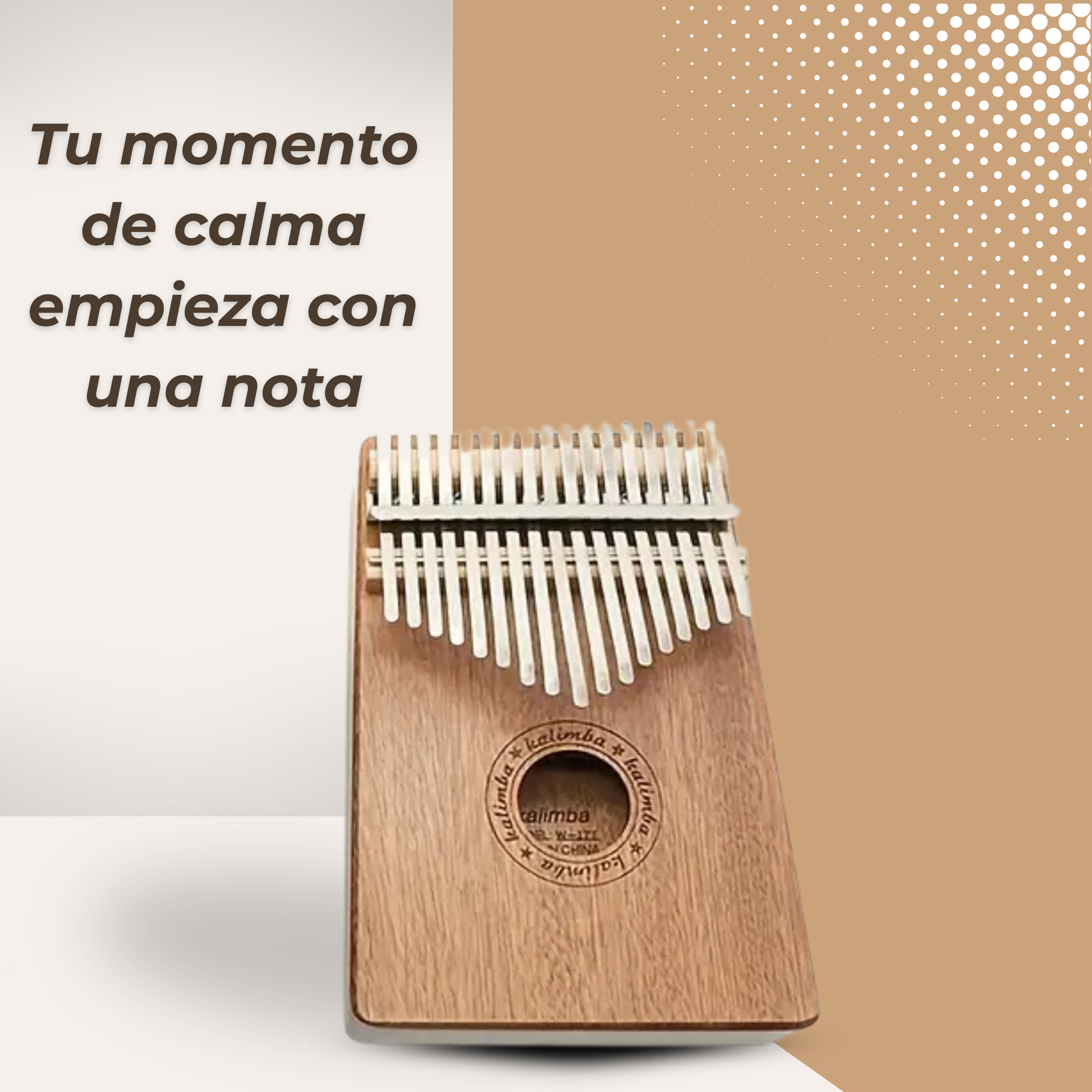 Kalimba artesanal de madera natural con 17 teclas metálicas, ideal para meditación y relajación emocional.