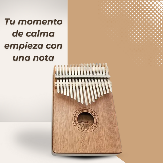 Kalimba artesanal de madera natural con 17 teclas metálicas, ideal para meditación y relajación emocional.