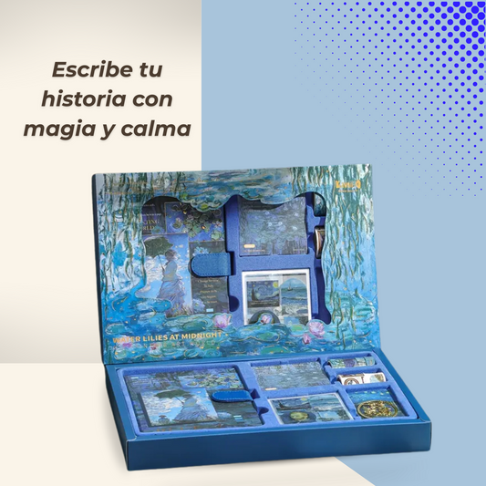 Diario de pintura al oleo con temática de ensueño, incluye cuadernos, pegatinas, postales y accesorios creativos para escribir, organizar o inspirarte