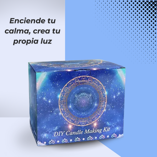 Caja azul del Kit de Inicio para hacer velas aromáticas en casa, incluye materiales y guía paso a paso, ideal para regalar o crear momentos de relajación personal.