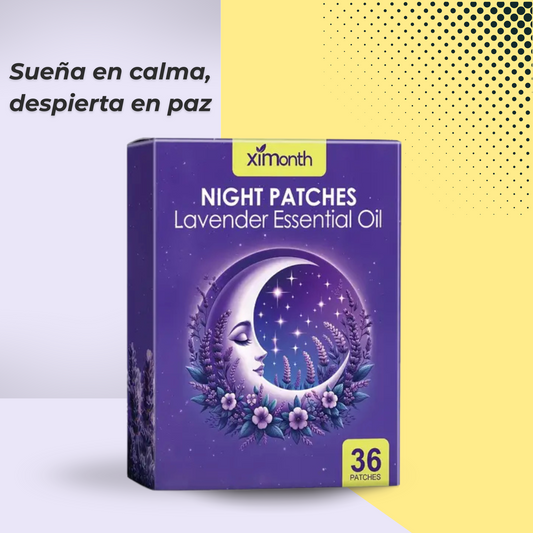 Caja de parches nocturnos con aceite esencial de lavanda, ideal para promover un sueño reparador.