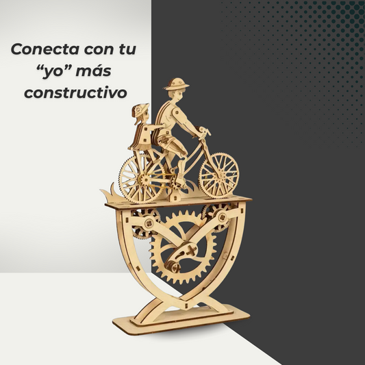 Puzzle mecánico de madera con diseño de ciclistas, ideal para mindfulness y concentración.