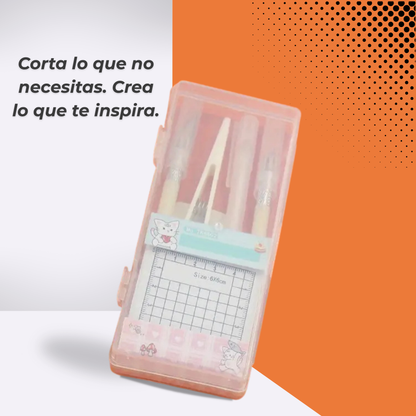 Set de herramientas para corte y manualidades con estuche rosa, incluye cuchillas de precisión, pinzas, espátula y base de corte, ideal para proyectos creativos y scrapbooking.