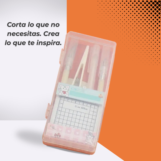 Set de herramientas para corte y manualidades con estuche rosa, incluye cuchillas de precisión, pinzas, espátula y base de corte, ideal para proyectos creativos y scrapbooking.