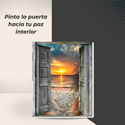 Set de pintura por números con diseño de puerta abierta hacia un atardecer en la playa